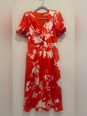 julia jordan Size 4 Red and White Floral Tie-Front Puff-Sleeve Dress